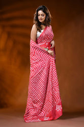Coral red silk saree with wavy kutch embroidery design - mirror work 4