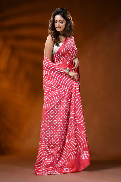 Coral red silk saree with wavy kutch embroidery design - mirror work 4