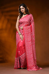 Coral red silk saree with wavy kutch embroidery design - mirror work 6