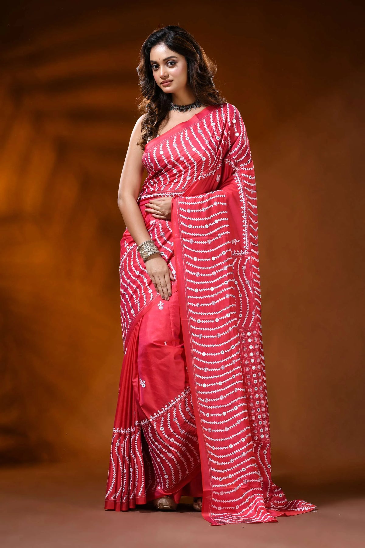 Coral red silk saree with wavy kutch embroidery design - mirror work 6
