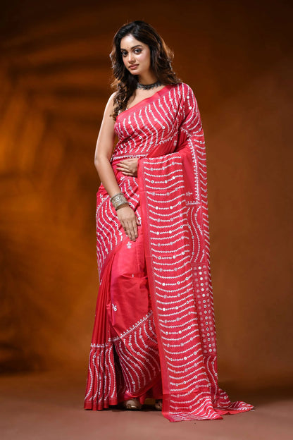 Coral red silk saree with wavy kutch embroidery design - mirror work 6