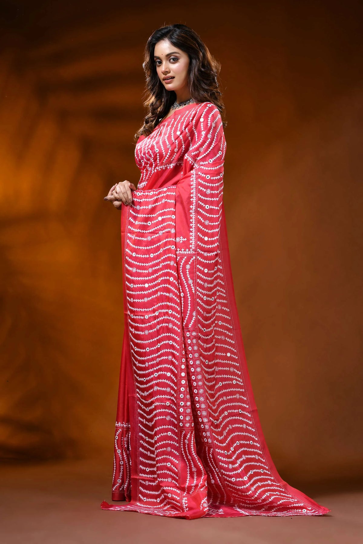 Coral red silk saree with wavy kutch embroidery design - mirror work 3