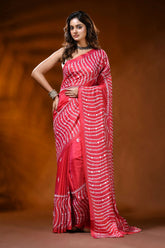 Coral red silk saree with wavy kutch embroidery design - mirror work 1