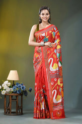 Coral red swan motif handcrafted silk kantha saree vibrant red sari adorned colorful 1