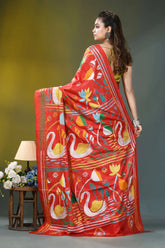 Coral red swan motif handcrafted silk kantha saree vibrant red saree adorned intricate 4
