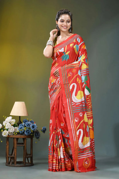 Coral red swan motif handcrafted silk kantha saree vibrant red sari adorned intricate 6