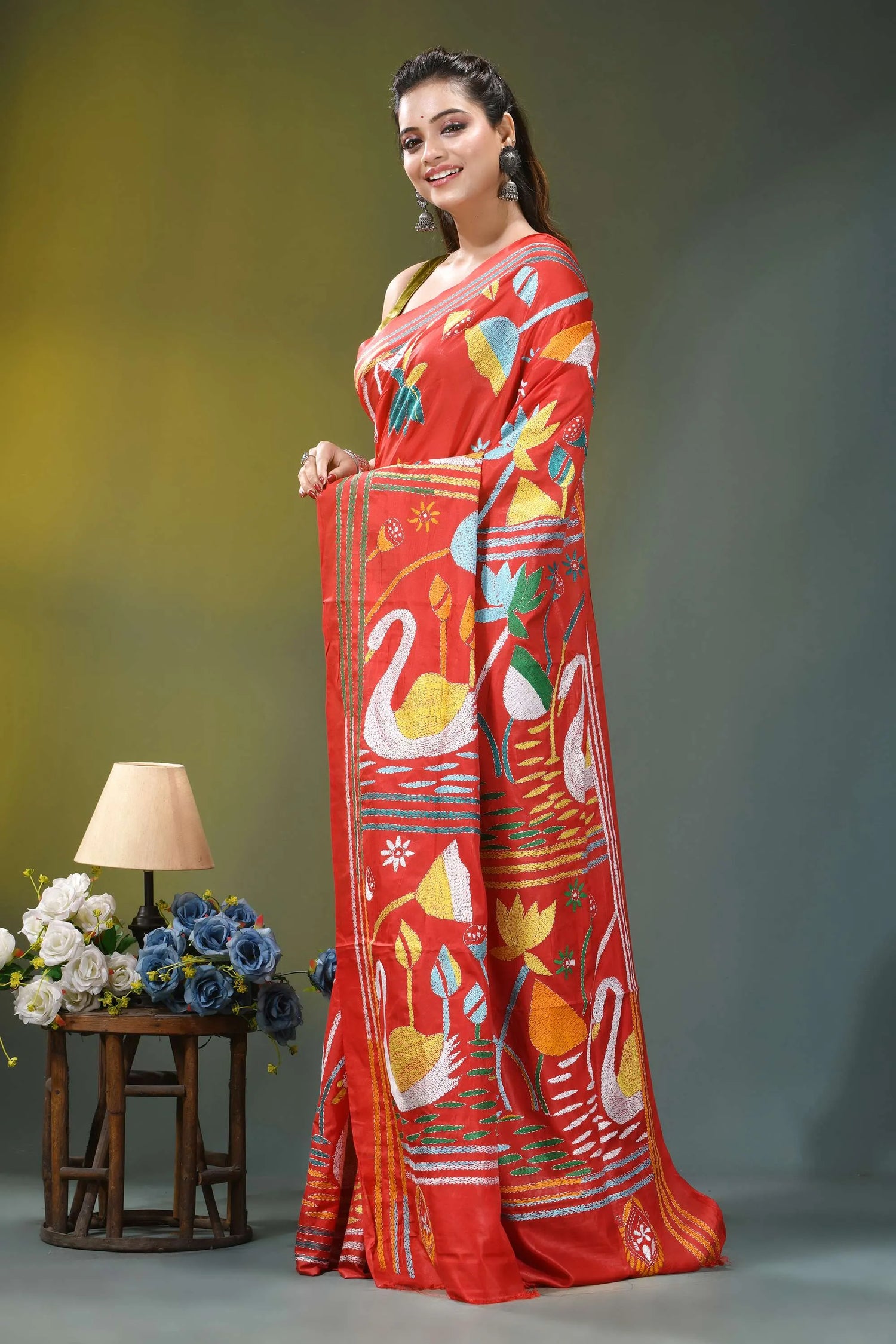 Coral red swan motif handcrafted silk kantha saree vibrant red saree adorned intricate 3