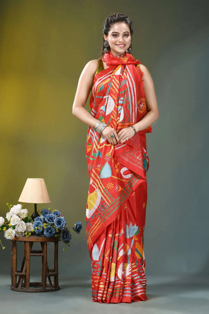 Coral red swan motif handcrafted silk kantha saree vibrant red saree adorned intricate 5