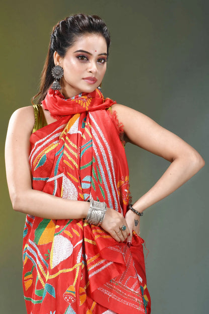 Coral red swan motif handcrafted silk kantha saree vibrant red embroidered saree bold 2