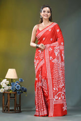 Coral red white thread peacock motif silk kantha saree vibrant red saree intricate white 6