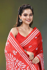 Coral red white thread peacock motif silk kantha saree vibrant red saree intricate white 2