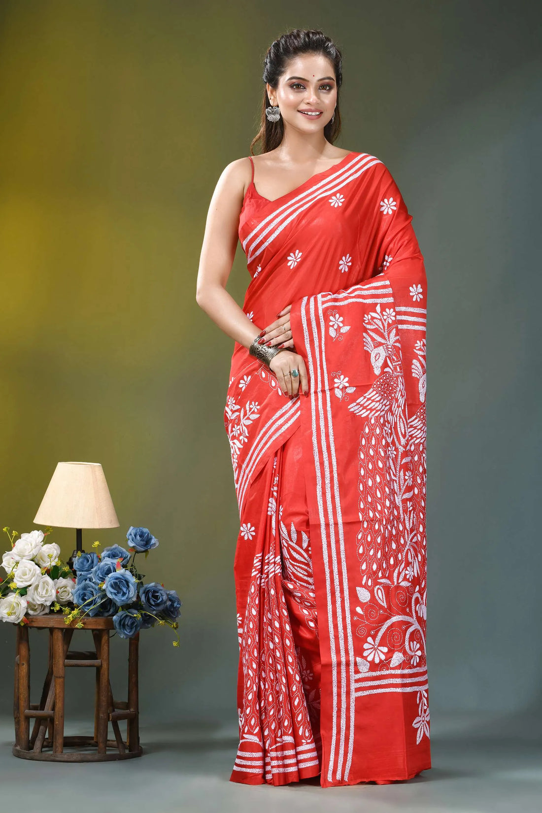 Coral red white thread peacock motif silk kantha saree vibrant red saree intricate white 1