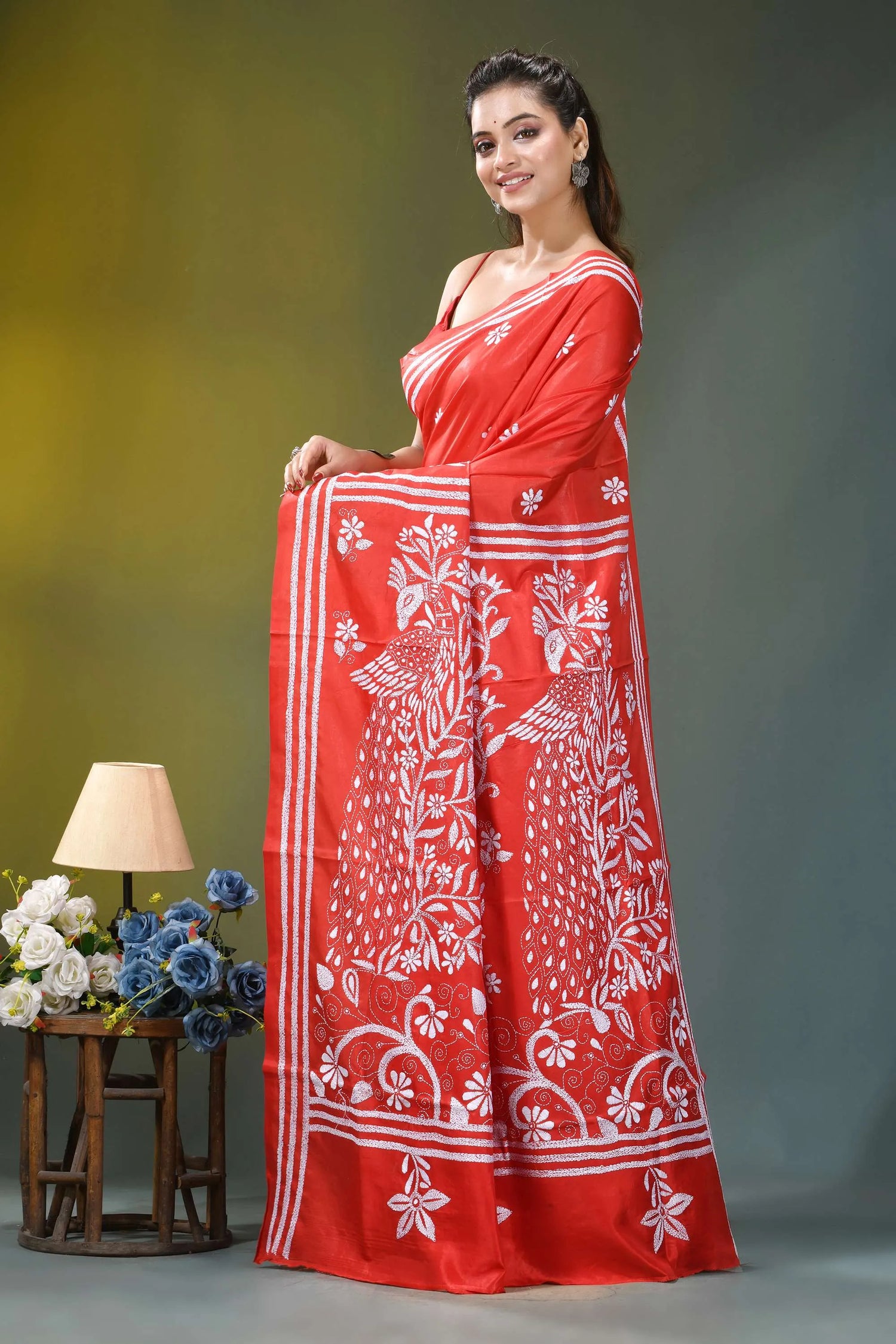 Coral red white thread peacock motif silk kantha saree vibrant red saree intricate white 3
