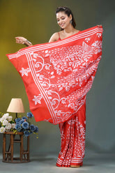 Coral red white thread peacock motif silk kantha saree vibrant red saree intricate white 4