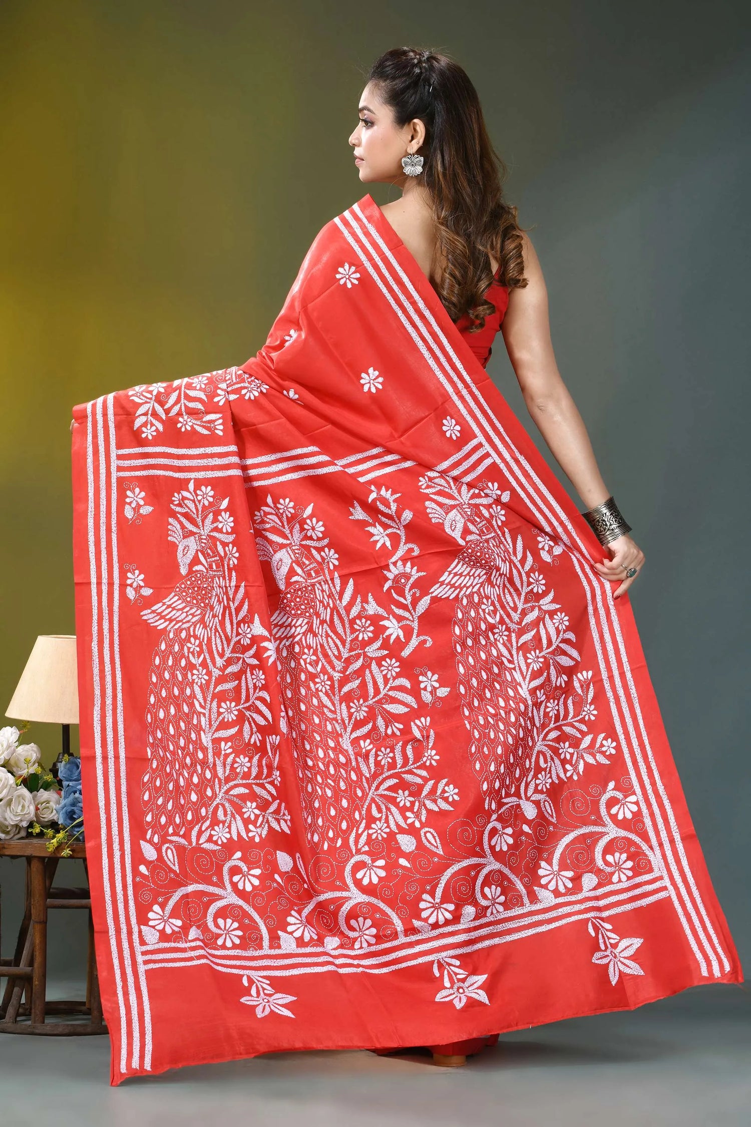 Coral red white thread peacock motif silk kantha saree vibrant red saree intricate white 5
