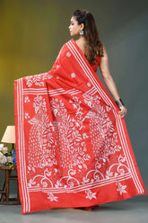 Coral red white thread peacock motif silk kantha saree vibrant red saree intricate white 5