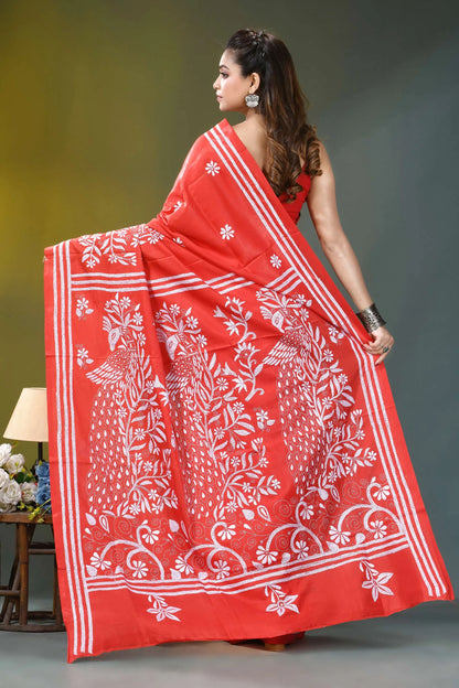 Coral red white thread peacock motif silk kantha saree vibrant red saree intricate white 5