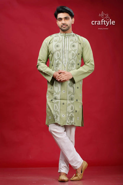 Coriander green kantha work cotton mens kurta panjabi man sage embroidered 1