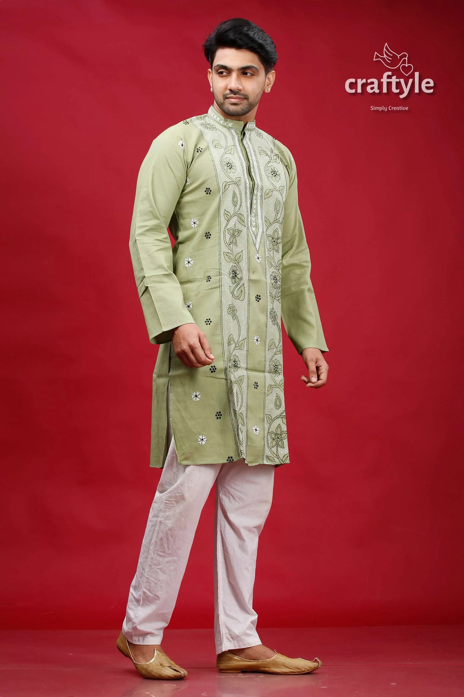 Coriander green kantha work cotton mens kurta panjabi light embroidered intricate 4