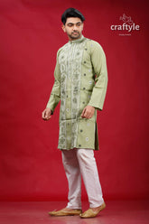 Coriander green kantha work cotton mens kurta panjabi light embroidered intricate 3