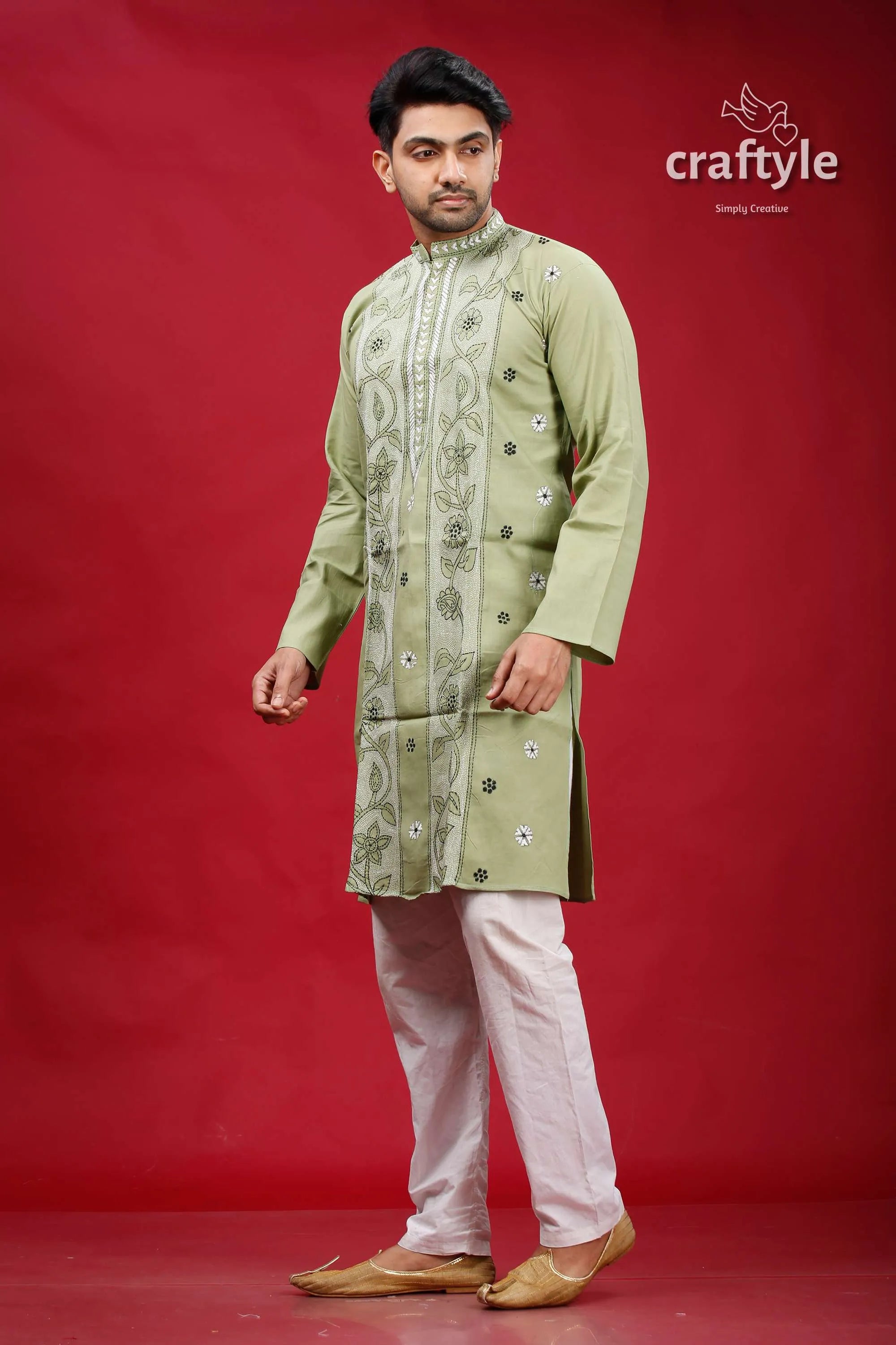 Coriander green kantha work cotton mens kurta panjabi light embroidered intricate 3