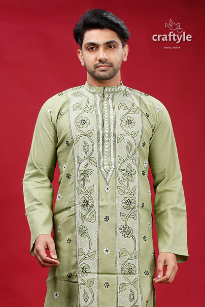 Coriander green kantha work cotton mens kurta panjabi man sage traditional 2