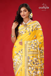 Corn Yellow Floral Designer Kantha Silk Saree - Craftyle