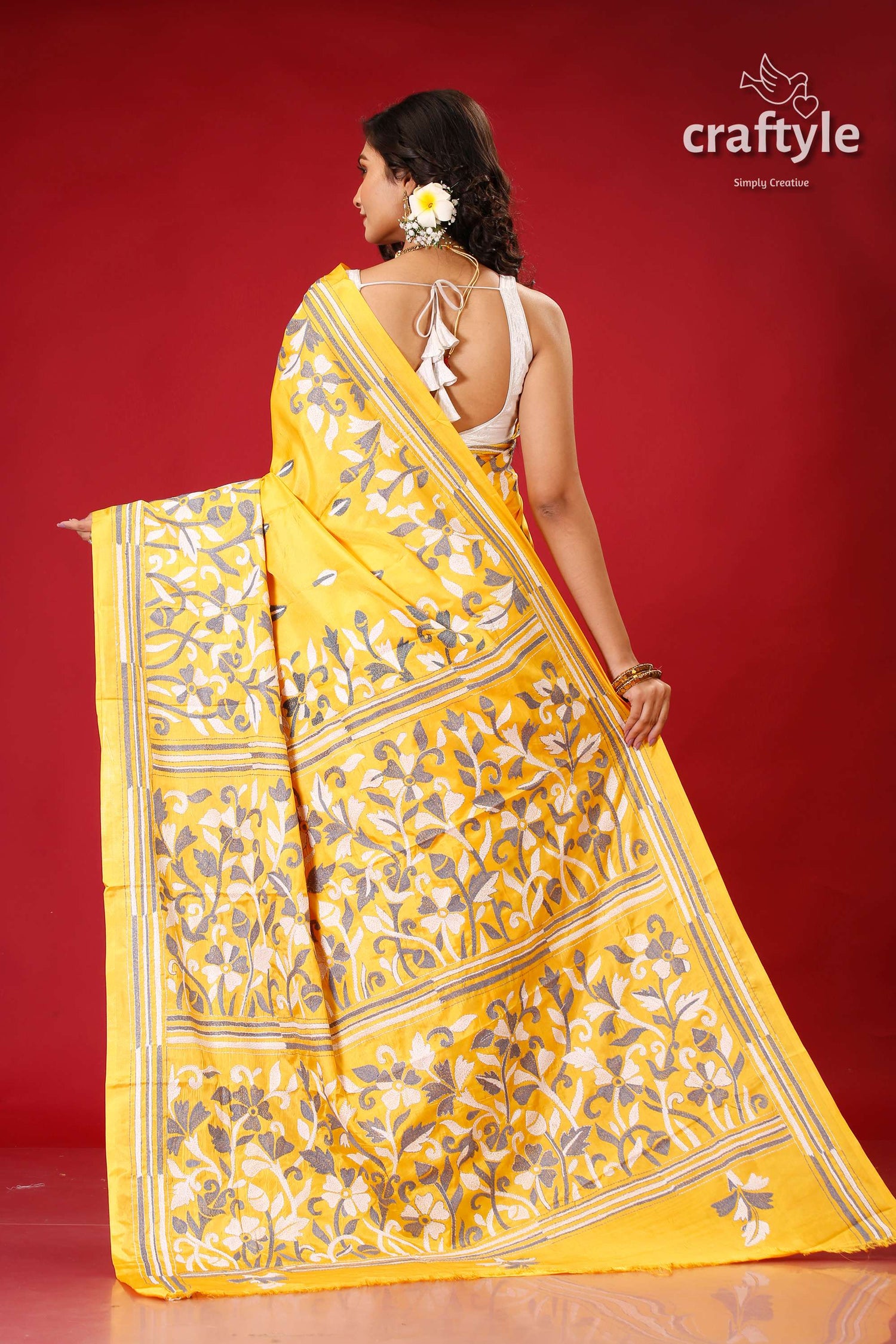 Corn Yellow Floral Designer Kantha Silk Saree - Craftyle
