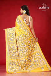 Corn Yellow Floral Designer Kantha Silk Saree - Craftyle