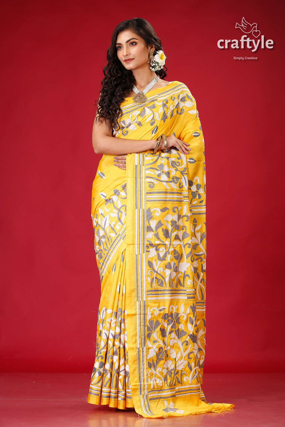 Corn Yellow Floral Designer Kantha Silk Saree - Craftyle