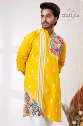 Corn yellow kantha stitch hand embroidery gents kurta vibrant intricate multicolored 2