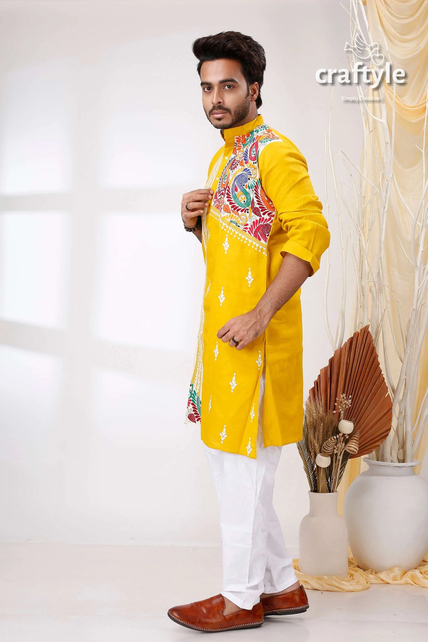 Corn yellow kantha stitch hand embroidery gents kurta vibrant intricate multicolored 3