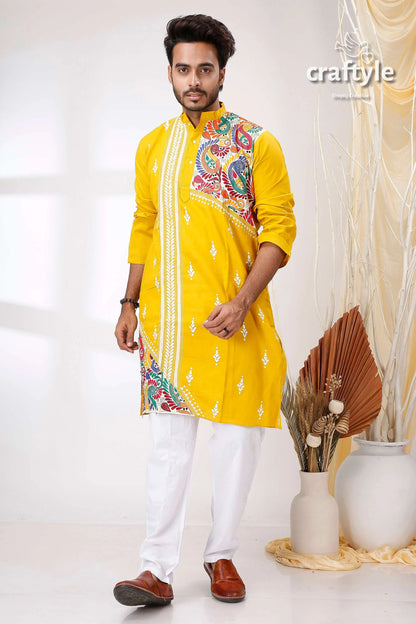 Corn yellow kantha stitch hand embroidery gents kurta vibrant intricate multicolored 1
