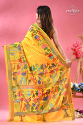 Corn yellow lotus motif bengal silk kantha stitch saree vibrant hand painted silk saree 4