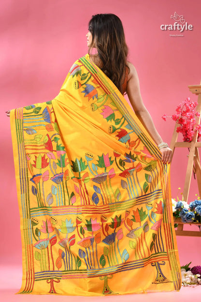 Corn yellow lotus motif bengal silk kantha stitch saree vibrant hand painted silk saree 4