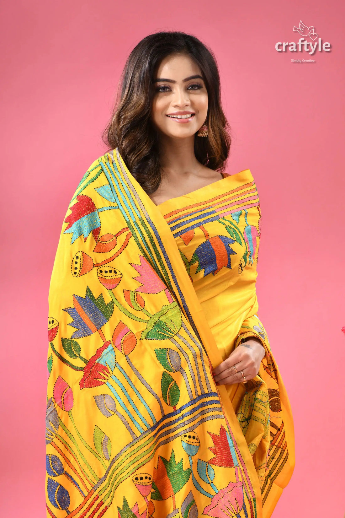 Corn yellow lotus motif bengal silk kantha stitch saree woman saree colorful floral 2