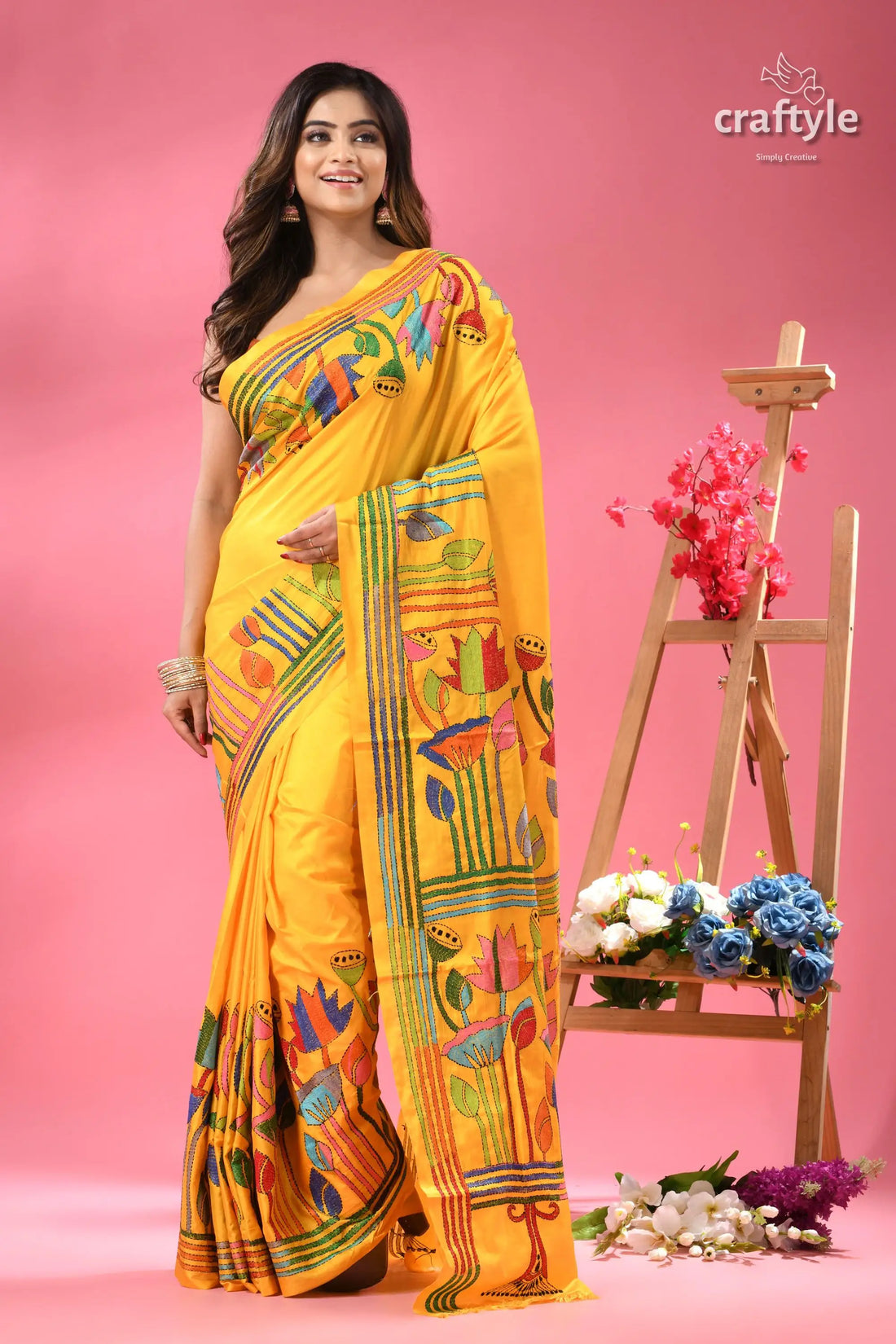 Corn yellow lotus motif bengal silk kantha stitch saree silk saree colorful floral 1
