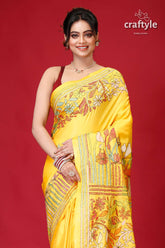 Corn Yellow Lotus Motif Exquisite Kantha Stitch Saree-Craftyle
