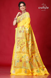 Corn Yellow Lotus Motif Exquisite Kantha Stitch Saree-Craftyle