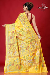 Corn Yellow Lotus Motif Exquisite Kantha Stitch Saree-Craftyle