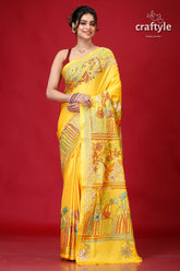 Corn Yellow Lotus Motif Exquisite Kantha Stitch Saree-Craftyle