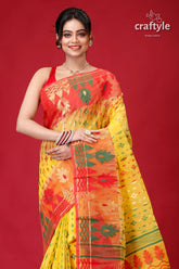 Corn Yellow Red Bengal Handloom Jamdani Saree-Craftyle