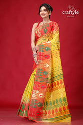Corn Yellow Red Bengal Handloom Jamdani Saree-Craftyle