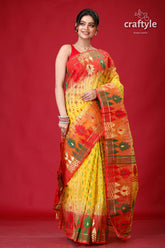 Corn Yellow Red Bengal Handloom Jamdani Saree-Craftyle