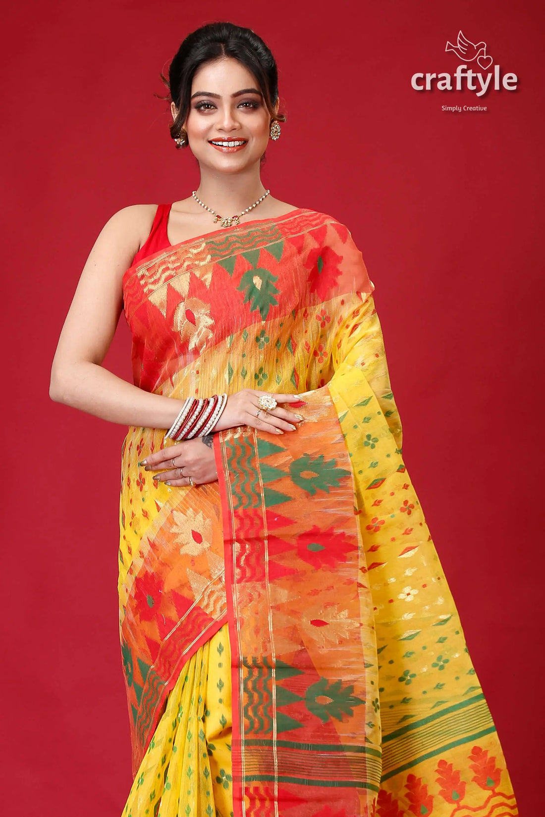 Corn yellow red bengal handloom jamdani saree woman yellow red saree 2
