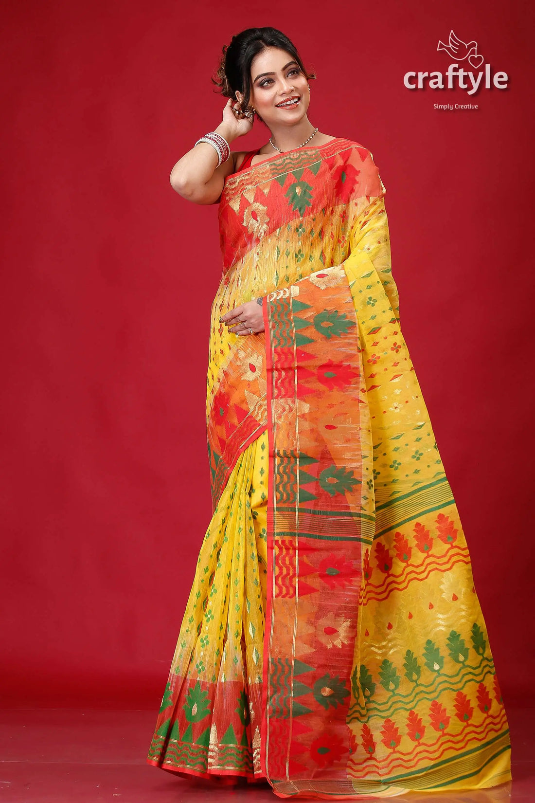 Corn yellow red bengal handloom jamdani saree yellow red saree 1