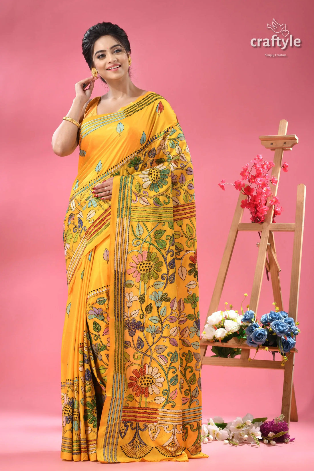 Corn yellow silk kantha work saree botanical design yellow saree colorful floral embroidery 1
