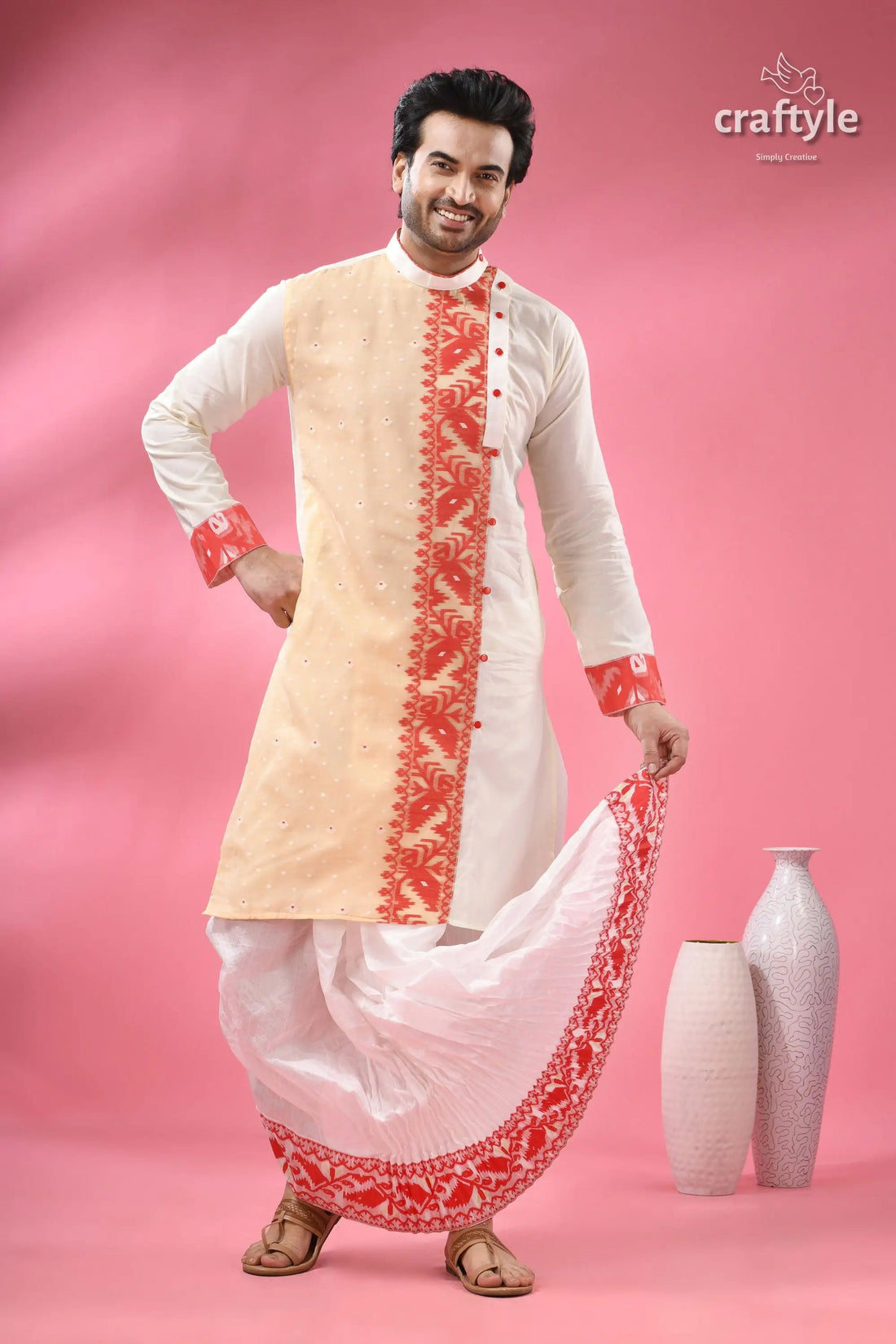 Cotton jamdani kurta for men traditional indian ethnic wear man’s white beige kurta red 1