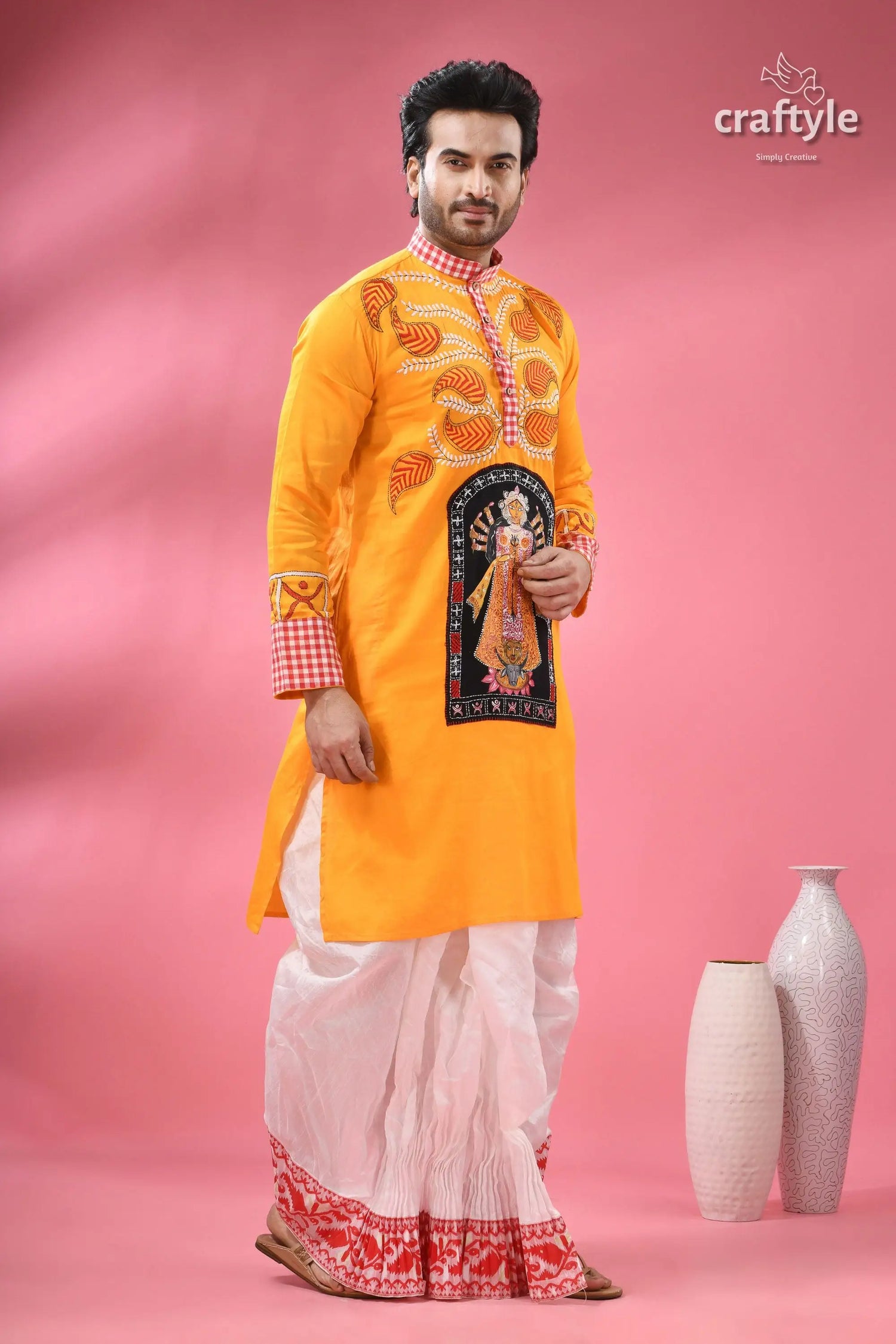 Cotton kantha embroidered punjabi for men hand painted ma durga man’s festive yellow kurta goddess 6