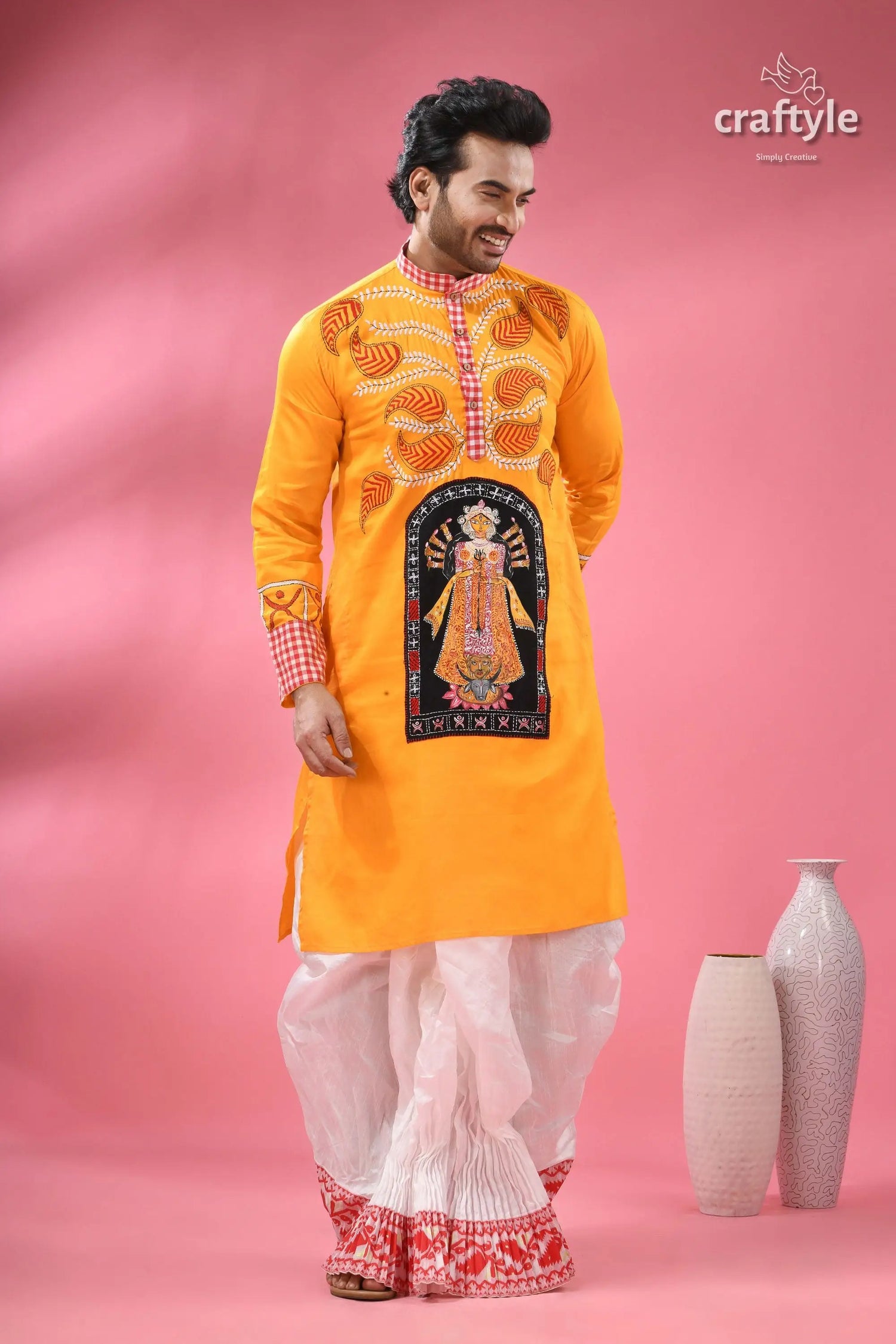 Cotton kantha embroidered punjabi for men hand painted ma durga men’s yellow kurta central deity 4